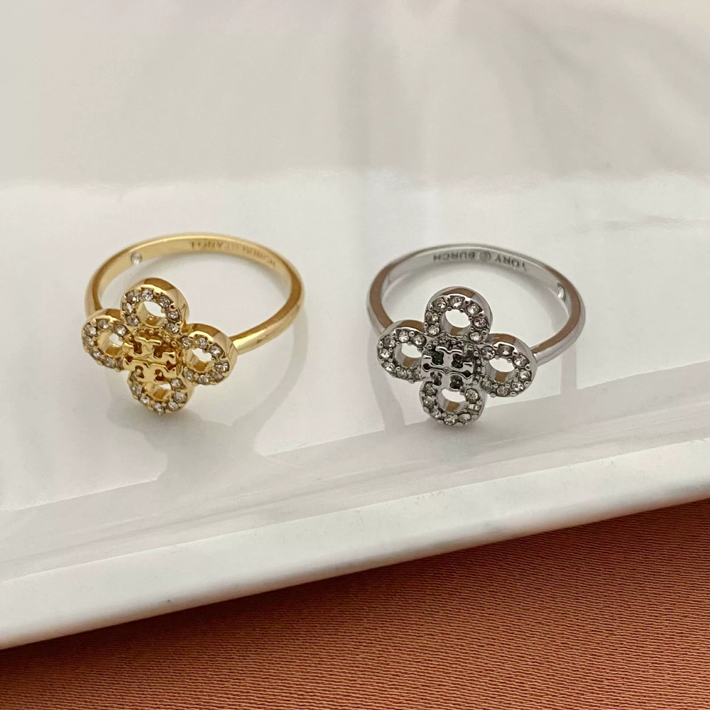 Tory Burch Rhinestone Clover Flower Ring Metal Band
